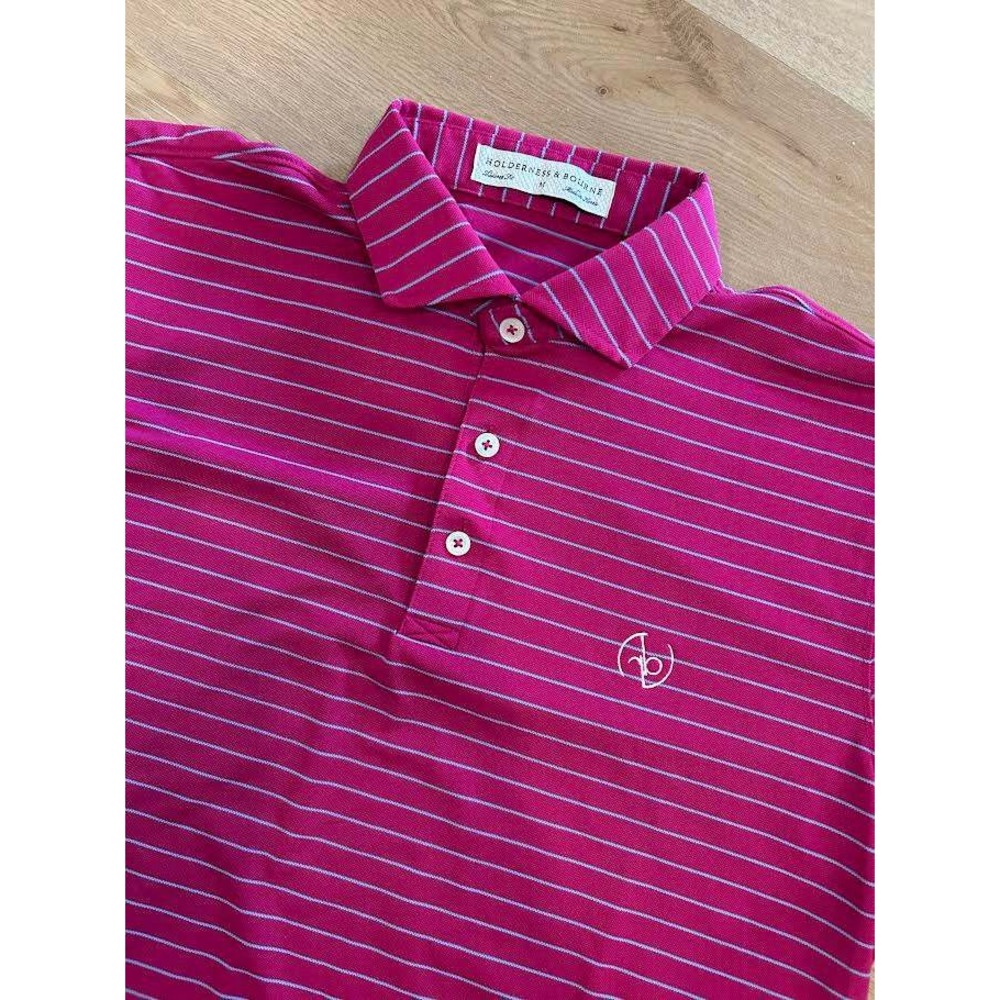 Holderness & Bourne Mens Tailored Fit Striped Golf Polo Shirt Pink Blue Medium